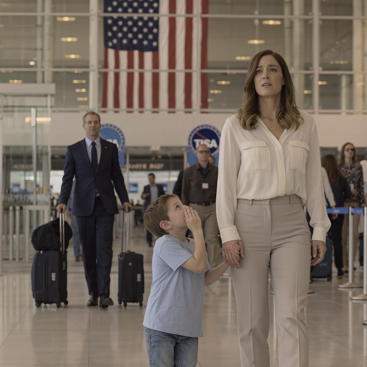 After my husband boarded a plane for a business trip, my six-year-old suddenly tugged my hand and whispered, “Mom… we can’t go back home. This morning I heard Dad on the phone, talking about something that involves us—and it didn’t sound right.” So we didn’t go back. We stayed somewhere quiet, trying to breathe and act like everything was normal. Then I looked up and saw… and my heart felt like it was being squeezed tight. Airport goodbyes are supposed to be simple. A quick kiss, a reminder about trash day, “Text me when you land,” and then you drive home and slide right back into routine. That’s what I thought I was doing at Hartsfield-Jackson one more normal Thursday under fluorescent lights, surrounded by rolling suitcases and tired faces. My husband looked flawless in that way some people practice: crisp suit, calm smile, carry-on in hand, already half-gone. “Chicago. Three days tops,” he said, kissing my forehead like it was a line he’d delivered a hundred times. Then, right as he stepped into the TSA line, my six-year-old tugged my hand—hard—and leaned in like he was sharing a secret the whole terminal wasn’t allowed to hear. “Mom… we can’t go back home,” he whispered. “This morning I heard Dad on the phone. He said something about us… and it didn’t sound right.” My first instinct was to laugh it off. Kids misunderstand. Kids exaggerate. Kids get spooked by shadows. But his eyes weren’t dramatic—just terrified, the kind of fear that doesn’t belong in a child’s face. And then he added the part that made my throat tighten. “Please believe me this time.” This time. Because it wasn’t the first warning. A few weeks earlier, he’d pointed at a car lingering too long near the HOA mailbox cluster at the entrance of our cul-de-sac and told me it had been there more than once. I told him it was probably a neighbor’s friend. Another morning, he mentioned Dad’s office door closed before sunrise, Dad’s voice low and sharp through the wood—words that didn’t sound like bedtime-story Dad. I told him grownups talk about grownup things. I told him not to worry. Now he was trembling, and my body knew what my mind kept refusing: kids notice patterns before adults admit what they mean. So we didn’t go back. I did the opposite of muscle memory. I didn’t even turn toward our usual route. I guided him into the back seat, buckled him in, and took the back way through Buckhead—circling like I was trying to lose a tail I couldn’t prove existed. My brain kept reaching for normal chores like lifelines: the leftover Costco tray in the fridge, paper plates under the sink for the next school potluck, the PTA thread buzzing on my phone. If I could just do one ordinary thing, maybe the world would settle back into place. Instead, I parked one street over from our house, tucked in shadow between trees, engine off, lights off. From there, our home looked exactly the same as it always did—porch light on, neat lawn, the window where my son’s superhero curtains used to glow at night. My phone buzzed. A text from my husband, perfectly timed and painfully normal: Just landed. Hope you two are asleep. Love you. I stared until the letters blurred… and then I looked up, because headlights had slipped into our street. Slow. Too slow for someone lost. Too deliberate for a neighbor coming home late. A dark van rolled past driveways like it was counting them. No decals. No front plate I could see. Windows tinted so deep they looked like nothing at all. It stopped in front of our place and sat there, idling like it belonged. My son’s breath hitched. He hugged his backpack tighter to his chest. “That’s the one,” he whispered—so certain it chilled me. Two men stepped out. Hoodies up. Movements calm, practiced—like they weren’t visiting, they were following steps. One of them walked straight to our front door and reached into his pocket. I expected something loud. Something obvious. Instead, a brief silver glint caught the porch light for half a second. A key. And the moment it slid into our lock like it had done it before… my heart went tight in my chest.