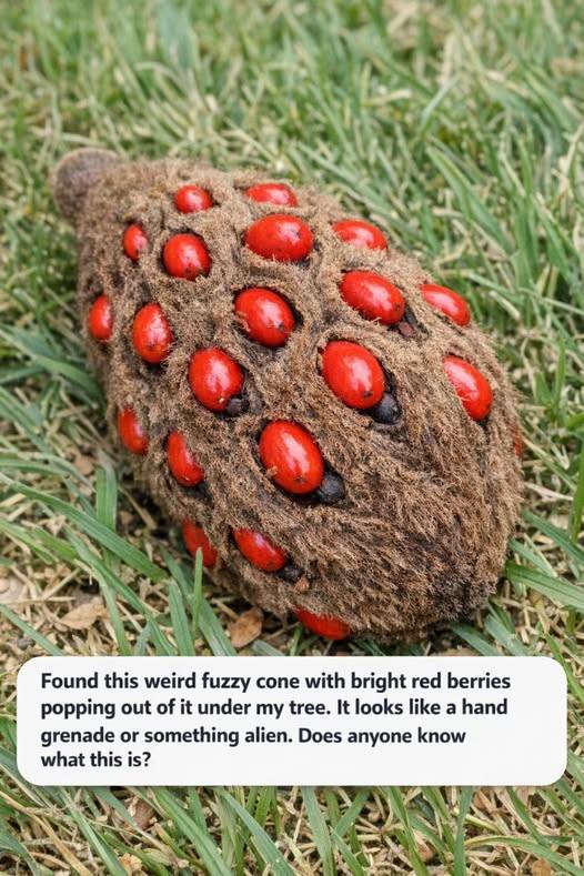 Found this strange fuzzy cone under my tree with bright red berries sticking out of it.